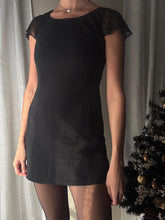 Load image into Gallery viewer, Classic Vintage Black Short Rhinestone Sheer Flutter Sleeve Crew Neck LBD Dress Lined Petite