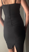 Load image into Gallery viewer, Vintage Ruched Bodycon Dress: Black Cotton Blend Spaghetti Strap