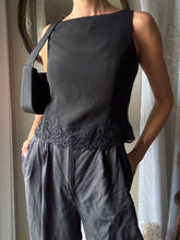Load image into Gallery viewer, Reversible Black Cropped Tank Top: Beaded Lace Hem, Button Up