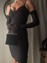 Load image into Gallery viewer, Vintage Ruched Bodycon Dress: Black Cotton Blend Spaghetti Strap