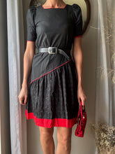 Load image into Gallery viewer, Vintage Black Red Cotton Asymmetrical Short Puff Sleeve Dress