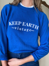 Load image into Gallery viewer, Upcycled Vintage Blue Raglan Sweatshirt: 'Keep Earth Vintage' Logo