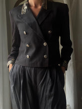 Load image into Gallery viewer, Vintage 80s 90s Cropped Black Double Breasted Blazer Gold Embellished Collar Cuff Detail