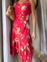 Load image into Gallery viewer, Vintage Red and Beige Floral Dress with Asymmetrical Ruffle Hem