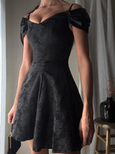 Load image into Gallery viewer, Vintage Black Floral Jacquard Dress: Off-Shoulder Fit & Flare, Made in USA