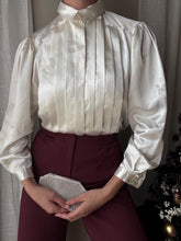 Load image into Gallery viewer, Sophisticated Vintage White Front Pleated Collared Satin Button Up Blouse