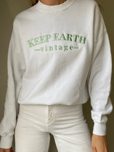 Load image into Gallery viewer, Upcycled Vintage Oversized White Long Sleeve Sweatshirt Pale Mint Green Keep Earth Vintage Logo