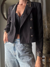 Load image into Gallery viewer, Vintage 80s 90s Cropped Black Double Breasted Blazer Gold Embellished Collar Cuff Detail