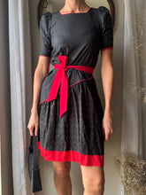 Load image into Gallery viewer, Vintage Black Red Cotton Asymmetrical Short Puff Sleeve Dress