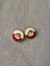 Load image into Gallery viewer, Vintage 80s 90s Nautical Red Cream Gold Ship Wheel Circle Statement Earrings