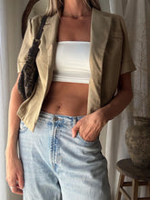 Load image into Gallery viewer, Vintage Linen Dark Khaki Cropped Boxy Short Sleeve Lightweight Blazer Shoulder Pads