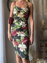 Load image into Gallery viewer, Vintage Hawaiian Floral Print Dress: Ruched Bodycon Cotton Blend