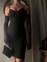 Load image into Gallery viewer, Vintage Ruched Bodycon Dress: Black Cotton Blend Spaghetti Strap