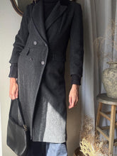 Load image into Gallery viewer, Classic Vintage Wool Oversized Dark Grey Long Coat Black Velvet Collar Made in USA