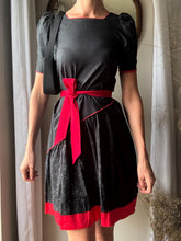 Load image into Gallery viewer, Vintage Black Red Cotton Asymmetrical Short Puff Sleeve Dress
