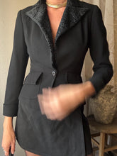 Load image into Gallery viewer, Vintage Wool Black Fitted Blazer Faux Shearling Velvet Collar Made in USA
