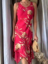 Load image into Gallery viewer, Vintage Red and Beige Floral Dress with Asymmetrical Ruffle Hem
