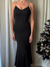 Load image into Gallery viewer, Vintage Rhinestone Strap Long Black Deep Back Dress Gown with Train Made in USA
