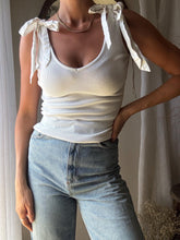 Load image into Gallery viewer, Preloved Anthropologie White Cotton Ribbed V Neck Tank Top Bow Ribbon Straps
