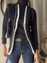 Load image into Gallery viewer, Vintage Black and White Hand Knit Long Open Sweater Vest
