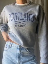 Load image into Gallery viewer, Vintage Grey Sweatshirt with Blue Portland Maine Rowing Oars Graphic

