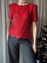 Load image into Gallery viewer, Vintage Red Silk Sequin Blouse: Beaded Short Sleeve Top Shoulder Pads

