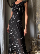 Load image into Gallery viewer, Vintage Y2K DKNY Black White Abstract Pattern Ruffle Hem Maxi Dress
