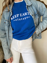 Load image into Gallery viewer, Upcycled Vintage Blue Raglan Sweatshirt: 'Keep Earth Vintage' Logo
