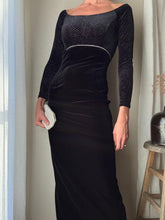 Load image into Gallery viewer, Vintage Black Velvet Rhinestone Empire Waist Long Sleeve Dress Made in USA
