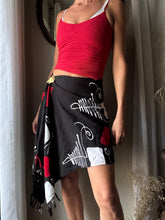 Load image into Gallery viewer, Vintage Semi Black White Red Abstract Pattern Scarf Wrap Skirt with Fringe Natural Rayon
