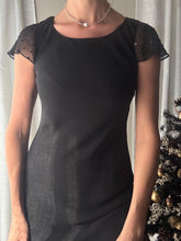 Load image into Gallery viewer, Classic Vintage Black Short Rhinestone Sheer Flutter Sleeve Crew Neck LBD Dress Lined Petite
