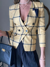 Load image into Gallery viewer, Vintage Yellow Black Plaid Blazer Padded Shoulders Petite
