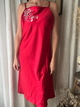 Load image into Gallery viewer, Vintage Oscar de la Renta Red Satin Slip Dress Floral Embroidery Detail

