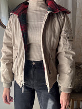 Load image into Gallery viewer, Vintage 80s Beige Bomber Jacket: Plaid Lining, Removable Hood
