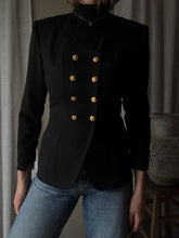 Load image into Gallery viewer, Vintage 80s 90s Black Structured Blazer Double Breasted Gold Buttons
