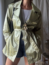 Load image into Gallery viewer, Vintage Gold Satin Short Cotton Trench Coat with Waist Tie
