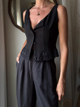 Load image into Gallery viewer, Reversible Black Cropped Tank Top: Beaded Lace Hem, Button Up
