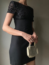 Load image into Gallery viewer, Vintage Classic Black Short Sleeve Sparkly Velvet Polka Dot Bow Empire Waist Dress Petite
