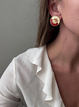 Load image into Gallery viewer, Vintage 80s 90s Nautical Red Cream Gold Ship Wheel Circle Statement Earrings
