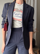 Load image into Gallery viewer, Vintage Wool Boyfriend Blazer: Dark Navy Blue with Gold Crest Buttons
