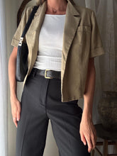 Load image into Gallery viewer, Vintage Linen Dark Khaki Cropped Boxy Short Sleeve Lightweight Blazer Shoulder Pads
