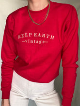 Load image into Gallery viewer, Upcycled Vintage Bright Cherry Red Sweatshirt with Beige Keep Earth Vintagen Embroidered Logo
