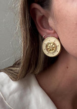 Load image into Gallery viewer, Vintage 80s 90s Large Nautical Cream Gold Ship Wheel Circle Statement Earrings
