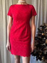 Load image into Gallery viewer, Vintage Cherry Red Embroidery Short Sleeve Dress Scalloped Hem Keyhole Back Petite
