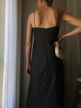 Load image into Gallery viewer, Vintage Cowl Neck Black Dress Spaghetti Straps Rhinestone Waist Made in USA
