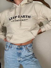 Load image into Gallery viewer, Upcycled Vintage Beige Oversized Hoodie Sweatshirt Black Keep Earth Vintage Logo
