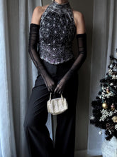 Load image into Gallery viewer, Vintage High Neck Black Silk and Silver Beaded Sequin Halter Top
