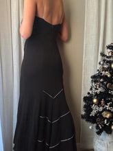 Load image into Gallery viewer, Vintage Rhinestone Strap Long Black Deep Back Dress Gown with Train Made in USA

