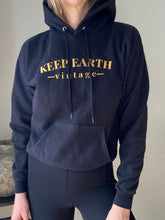 Load image into Gallery viewer, Upcycled Vintage Black Hoodie Sweatshirt Gold Keep Earth Vintage Logo
