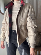 Load image into Gallery viewer, Vintage 80s Beige Bomber Jacket: Plaid Lining, Removable Hood
